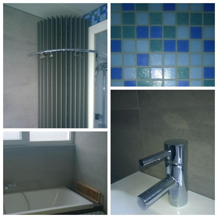 Prachtige badkamer opgeleverd. Mooie grijze betegeling en efficiënte ronde radiator in stijl van de douche. #badkamer