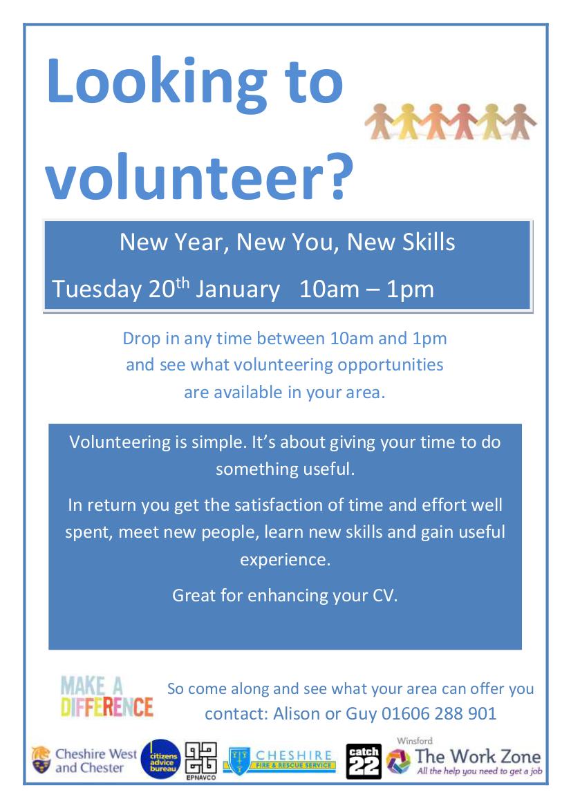 Go_CheshireWest's tweet photo. Looking to #volunteer? Drop into Winsford Work Zone between 10am - 1pm tomorrow. http://t.co/OaszWYw4Ol