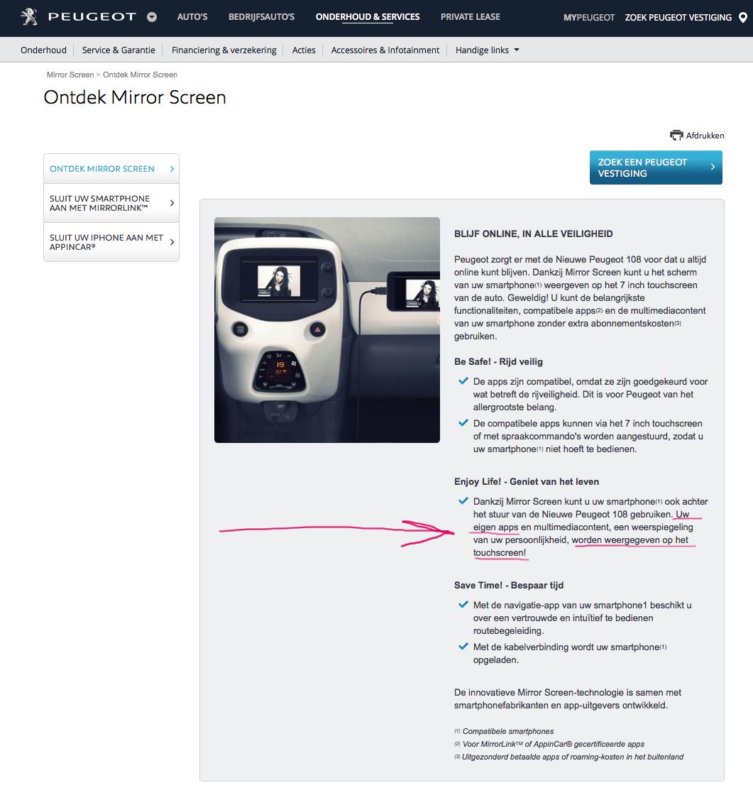 uit_ZeeVla's tweet image. In #Peugeot108 kun je eigen apps bedienen op Touchcreen dmv #MirrorScreen . @PeugeotNL stuurt me naar dealer 1/2