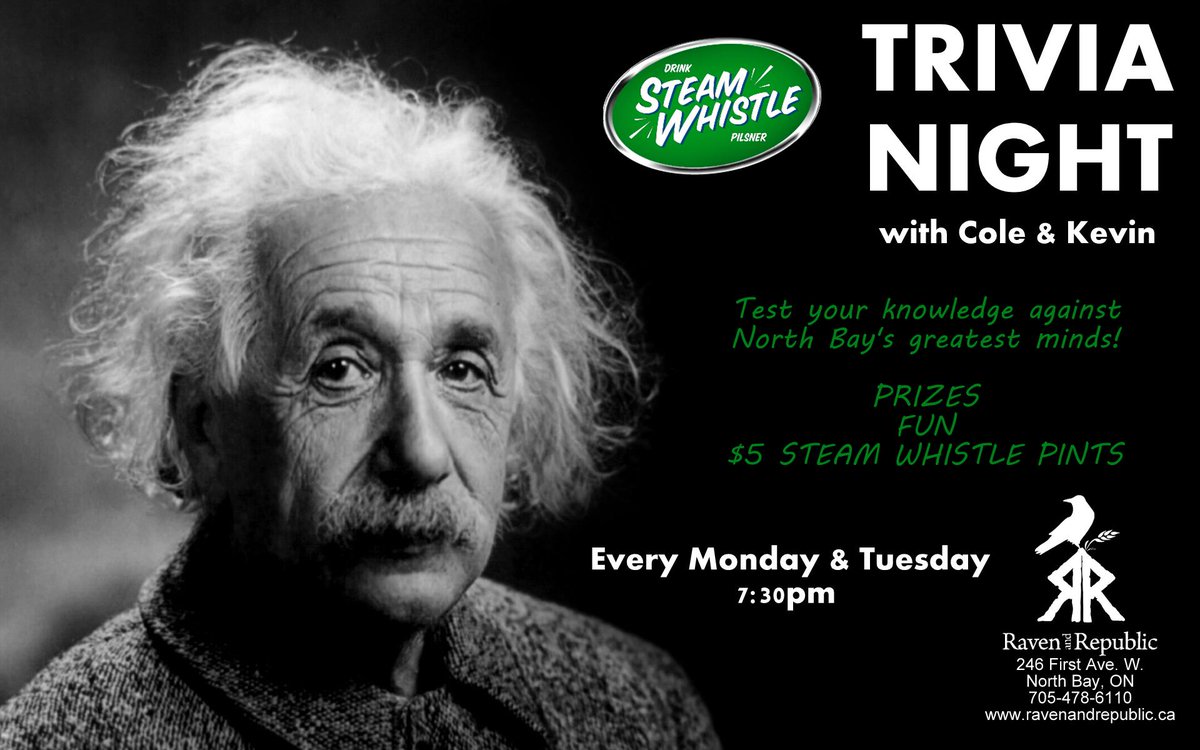 RavenandRepubli's tweet photo. Mon &amp; Tues:  @SteamWhistle TRIVIA NIGHT 7:30pm @RavenandRepubli #TriviaNight #SteamWhistleRocks #Edutainment #Fun http://t.co/UStylRryHd