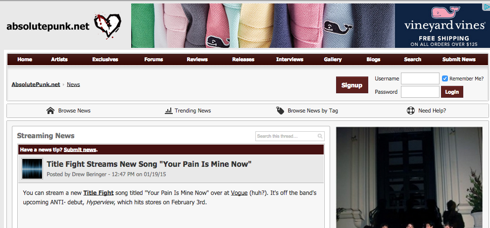 en_cohen's tweet photo. An Absolute Punk story about a Title Fight premiere in Vogue with a Vineyard Vines banner ad. #cohencore http://t.co/rxJe2PeY4O