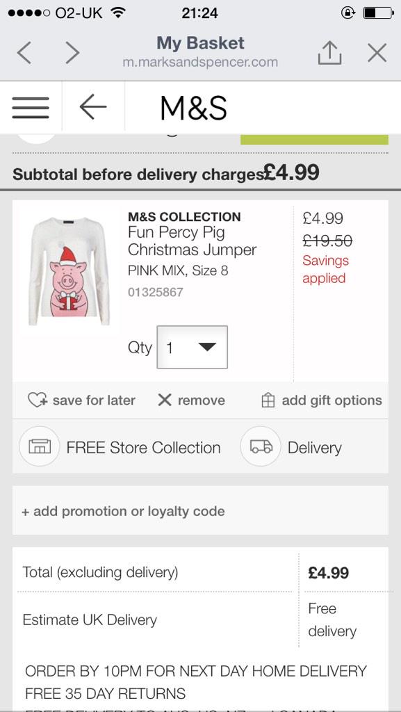 WhittakerL's tweet photo. @marksandspencer why are you charging £3.50 delivery after checkout when this states free delivery?? http://t.co/Didii7CdAc