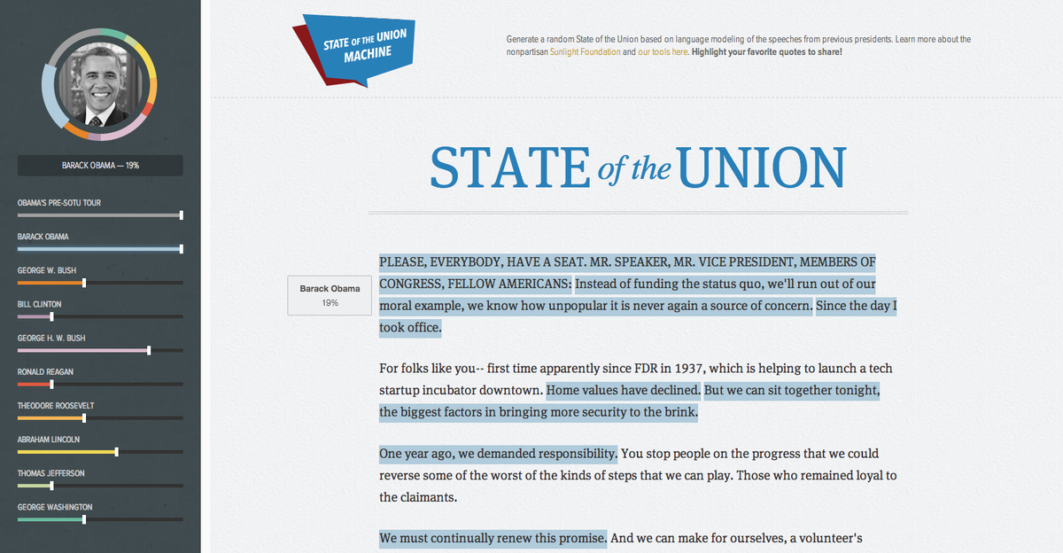SunFoundation's tweet photo. Why wait for @BarackObama's State of the Union address? Make your own using our #SOTUmachine! http://t.co/gtOPK9HaBQ http://t.co/Rf45tnmyPE