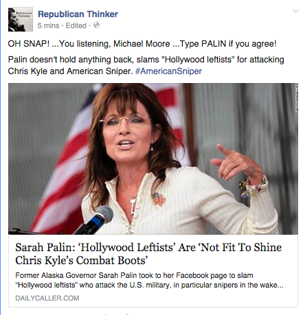 GOP_Thinker's tweet photo. Hey Michael Moore ...You mad tho? #TeamKyle #TeamPalin #AmericanSniper http://t.co/KapL33olqU #YCOT @SarahPalinUSA http://t.co/EFU7hL4Z0B