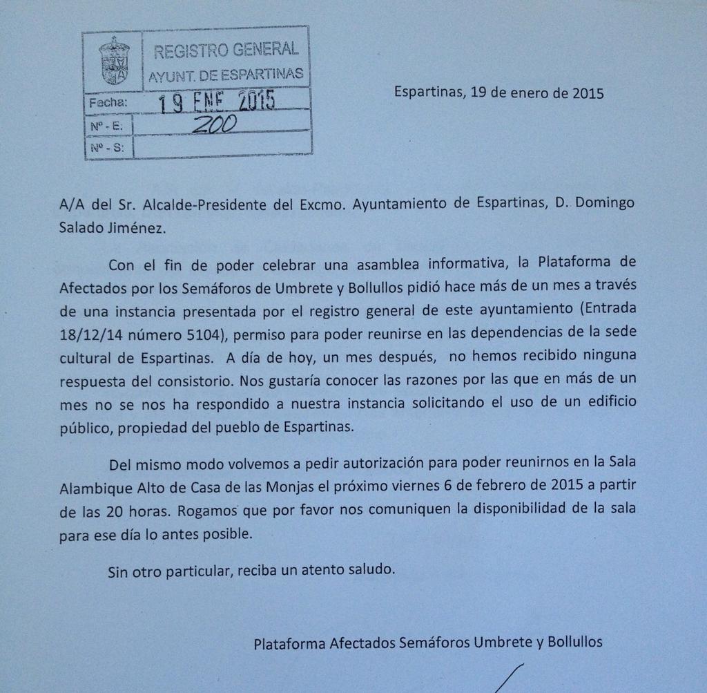 PlataSemaforos's tweet image. Hace un mes q presentamos esta instancia. Sin respuesta del Ayto. @PPEspartinas... Lo intentamos d nuevo.