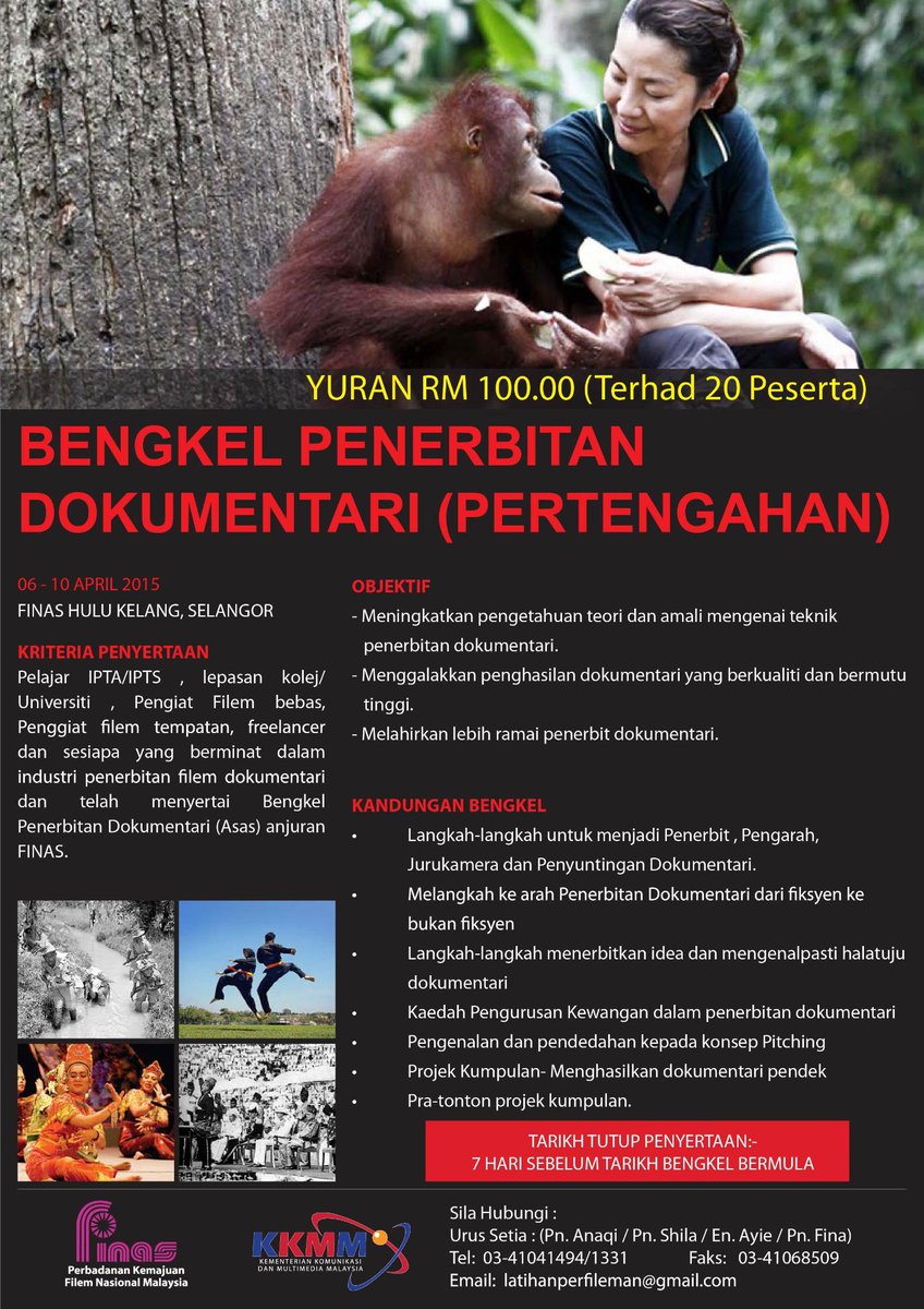 Bengkel Penerbitan Dokumentari (Pertengahan)
sila hubungi 
Pn.shila/En.Ayie/Pn.Fina
Tel:03-4104 1494/1331
