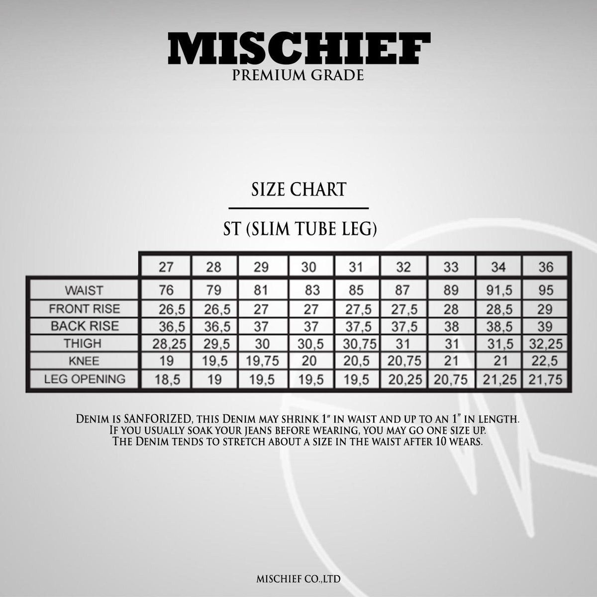 Mischief Denim Size Chart