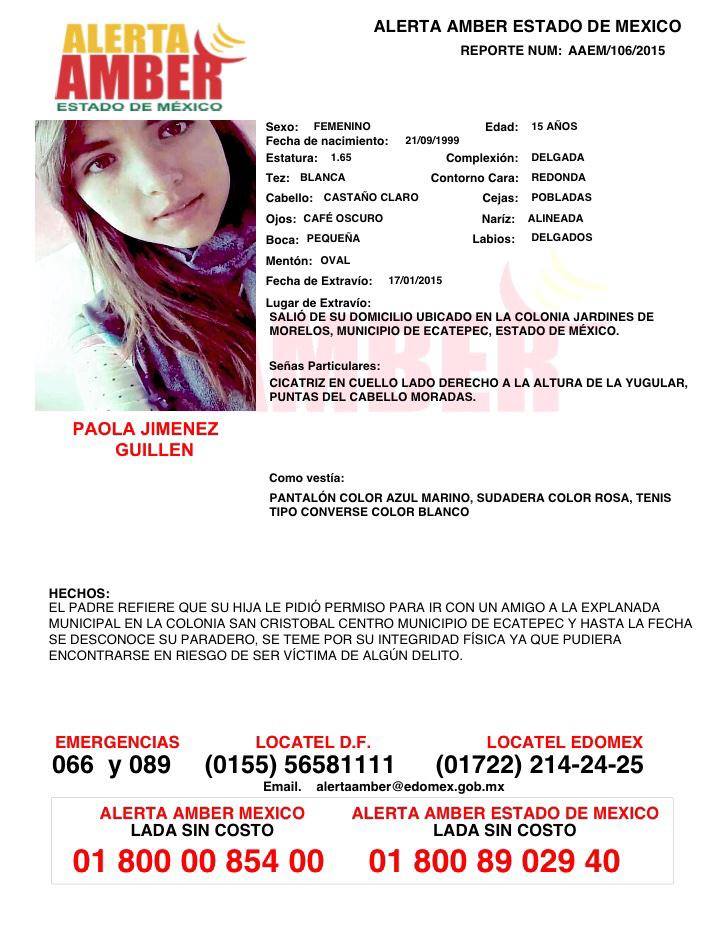 elizamarmar's tweet photo. @karladelacuesta #AlertaAmber Ayuda a localizar a PAOLA JIMÉNEZ GUILLEN 15años #Desap 17/1/15 #Ecatepec #Edomex RT http://t.co/uQfLtVXc3y