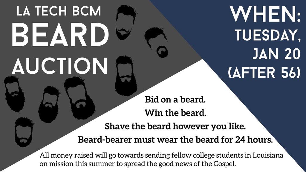 LaTechBCM's tweet photo. Tonight is the night!!! Bring friends and money and bid on a beard!! #beardauctiontime #missions http://t.co/vqqzRahVRx