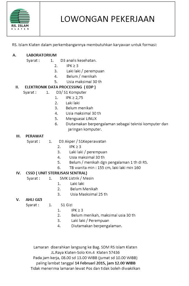 kabarklaten's tweet photo. LowKer LABORATORIUM, EDP, PERAWAT, CSSD, AHLI GIZI RS.Islam #Klaten http://t.co/7iSmPbkWPX
