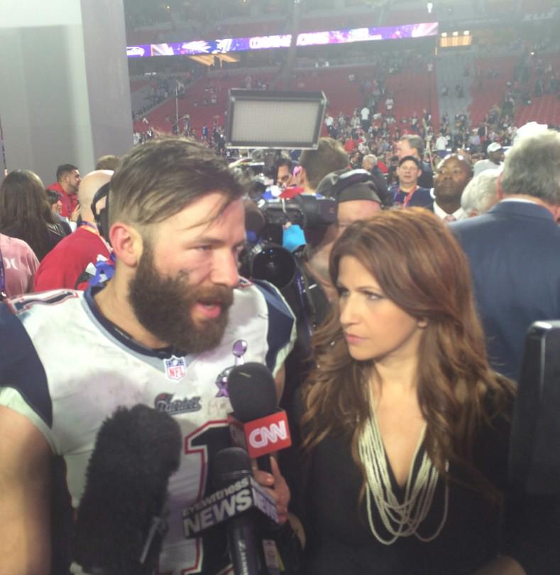 Rachel__Nichols's tweet image. On the field with Julian Edelman, who scored the gamewinning touchdown tonight. #Patriots #SuperBowl