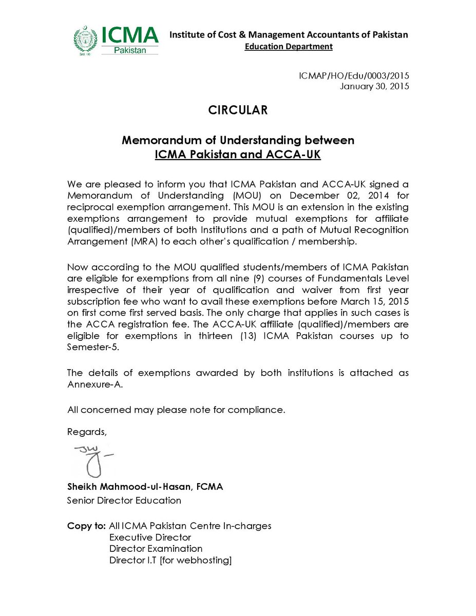 ICMAP's tweet photo. MoU Between ICMA Pakistan and @ACCANews http://t.co/Cx8oWiXrW1