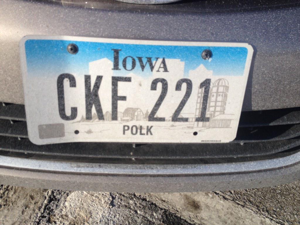 Thanks <a href="/greenhorns/">Greenhorns</a> for getting me a car with a farm on the number plate. Attention to detail &amp; Iowa street cred!