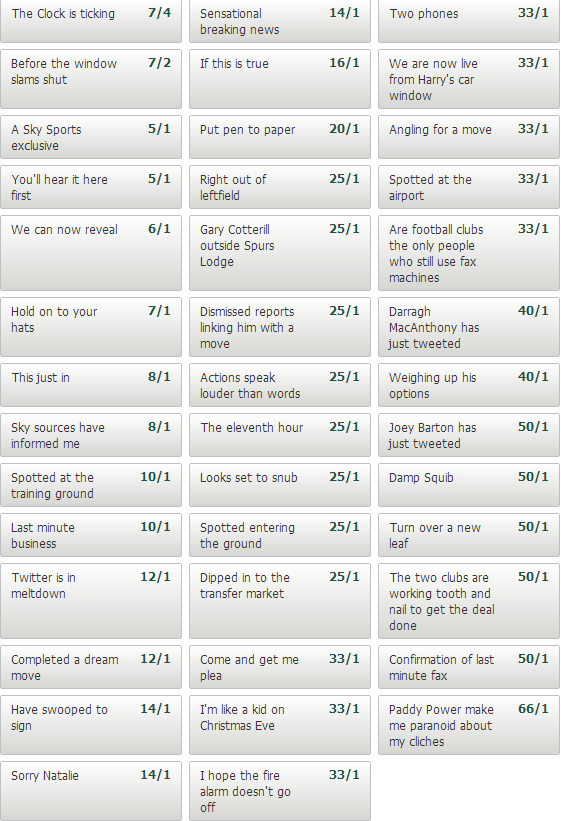 PPOffers's tweet photo. To win a £25 FREE BET, please predict the first cliche used by Jim White (from list) on #DeadlineDay #PaddyPPileup http://t.co/K3mp4L48gv