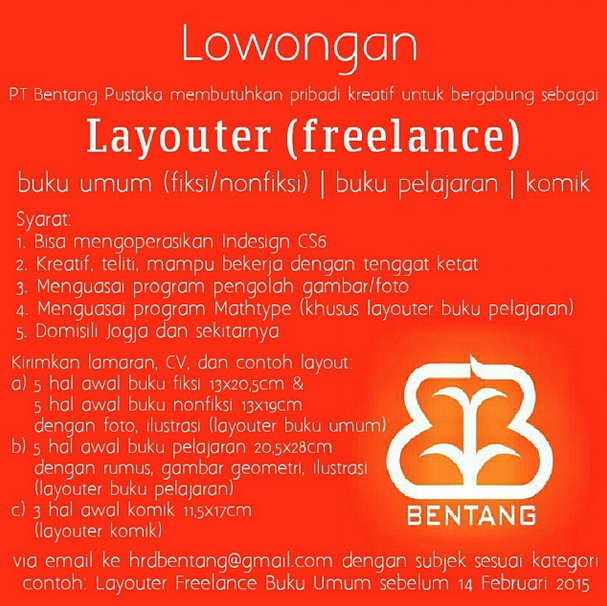 bentangpustaka's tweet photo. #LOWKERYK Layouter | kreatif, domisili Jogja, bisa Id CS6 | DL 14/02 http://t.co/lg0poGgi6J http://t.co/4zE33kdG5V
@jogjaloker @jogloker
