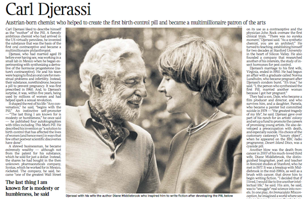Carl Djerassi, Austrian-born chemist who helped to create the first birth-control pill thetim.es/1Aiog4L