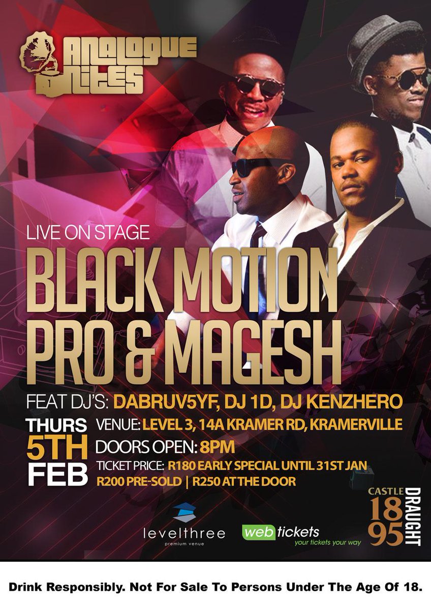 ANALOGUENITES's tweet photo. #ANALOGUE1895 progressively crafted by @1895Draught bring you @black_motion @PROMkhize @GeshOmega live this Thursday! http://t.co/AbQh1enaxt