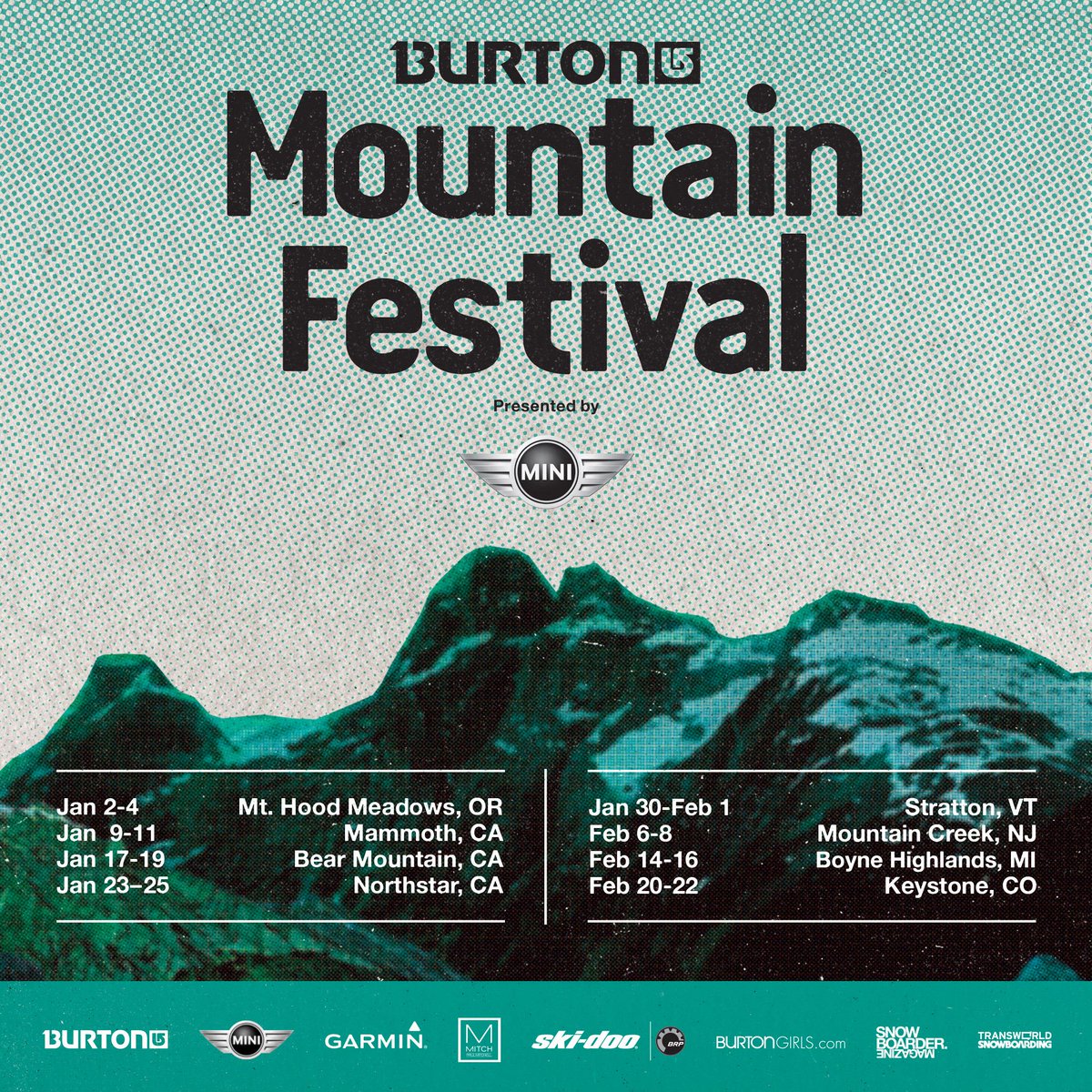 #BurtonMtnFest presented by <a href="/MINI/">MINI</a> heads to <a href="/mountaincreek/">Mountain Creek</a> @Boyne_Highlands and <a href="/KeystoneMtn/">Keystone Resort</a>!  instagram.com/p/ym3Yx5sVQV/