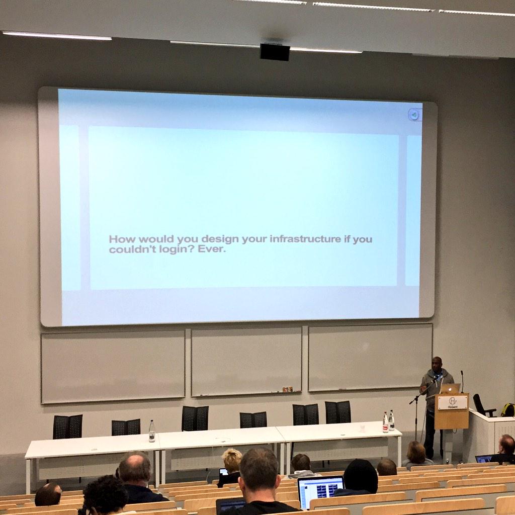 ndemoor's tweet photo. Love this way of thinking #nossh #cfgmgmtcamp by @kelseyhightower http://t.co/0bdMbfwgad