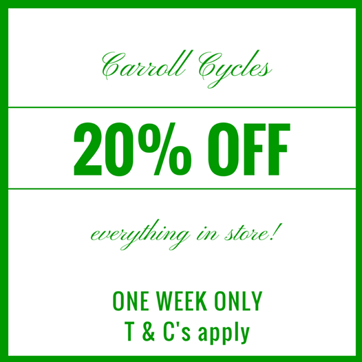 CarrollCycles1's tweet photo. Sale ends Friday! 20% off EVERYTHING! Terms and conditions apply. Goods must be paid for in full on the day. http://t.co/zL3r7bQF4t