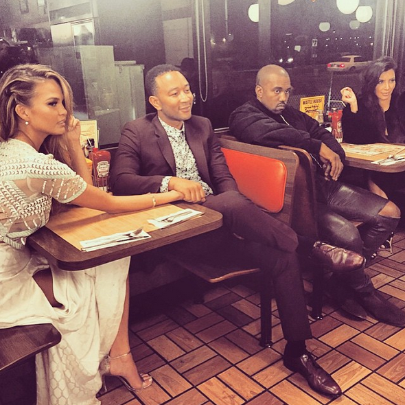 enews's tweet photo. Kim, Kanye, John &amp; Chrissy take a star-studded double date... to Waffle House: http://t.co/LvCC5hloFt http://t.co/ENKj0ZYLZP