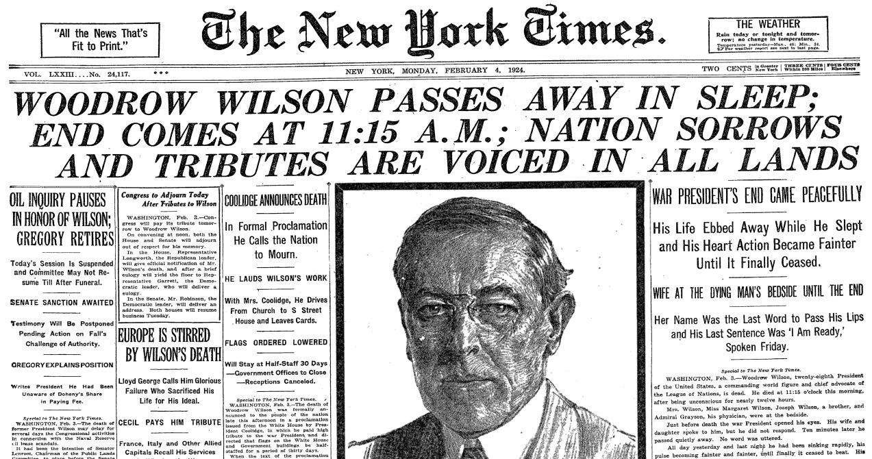 1924 The New York Times Woodrow Wilson’s Death, Feb 10, 1924, Vintage
