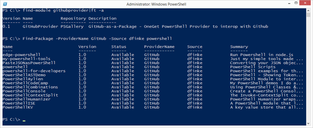 dfinke's tweet photo. Published my new #PowerShell #OneGet GitHub-as-a-Package provider module to the PowerShell gallery #github http://t.co/TdNg4pbdkI