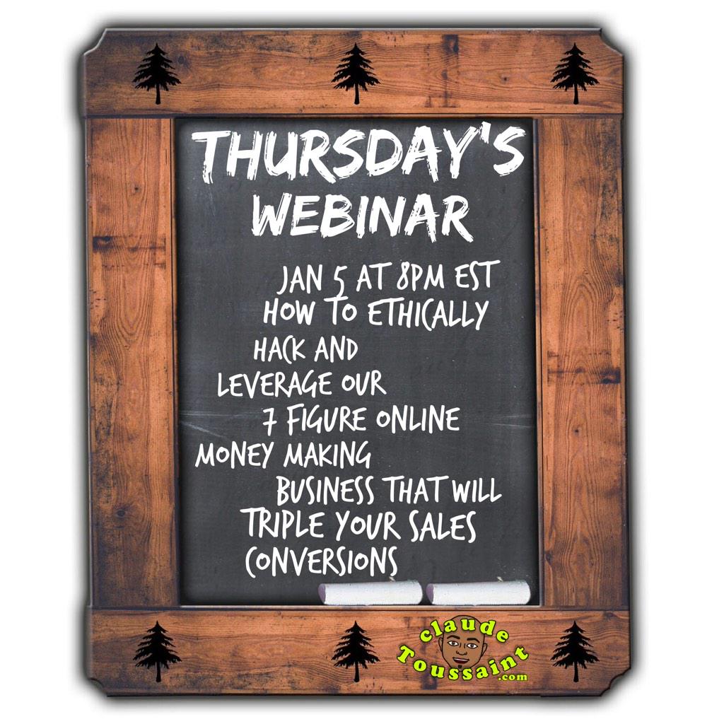 ClaudeToussaint's tweet photo. Webinar Thursday's 

Jan 5 @ 8 pm est

How to ethically hack and leverage our 7 figure income

http://t.co/1xySQjfD3F http://t.co/nN8gwFhh80