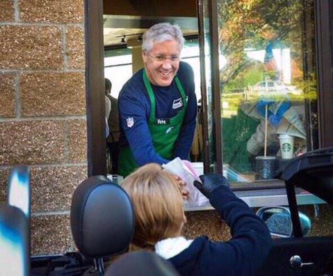 nicekicks's tweet photo. So, Pete, while working at Starbucks drive thru would you throw the coffee or just hand it off?  #lastsuperbowltweet http://t.co/4hLIhzD5d1