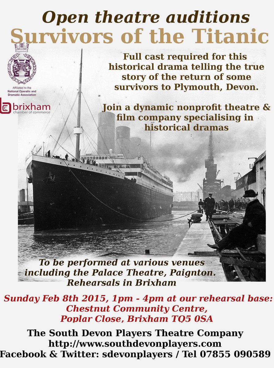 sdevonplayers's tweet image. @HelpDevon Open #auditions: The Survivors of the #Titanic (for #theatre show #Brixham #Torbay #devon) Plz #RT