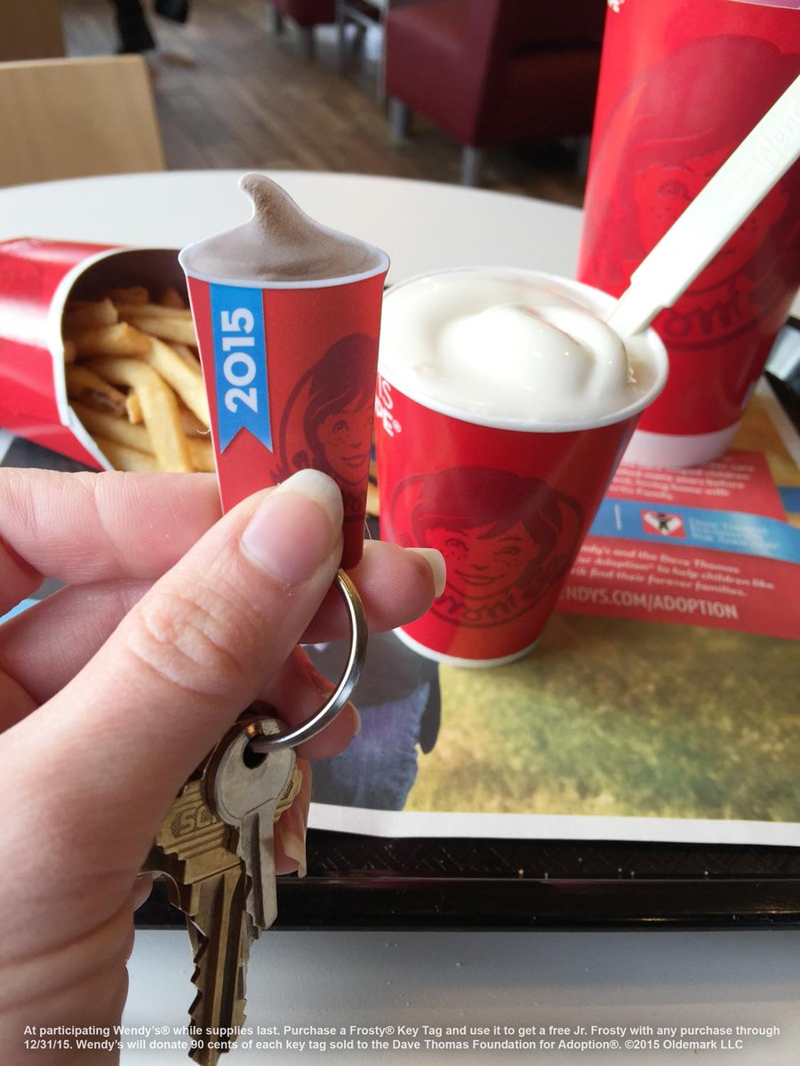 Wendys's tweet photo. Get a year of free Jr. Frosty treats while helping children in foster care. Simply purchase a $1 Frosty Key Tag. http://t.co/oUsRnKL2VF