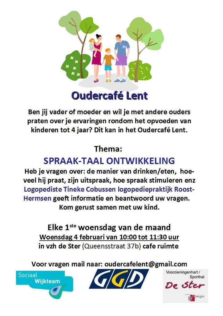 A.s. woensdag 4 februari Oudercafé Lent met als thema spraak-/taalontwikkeling <a href="/desternijmegen/">De Ster</a> met <a href="/RoostHermsen/">Logopedie Hermsen</a>