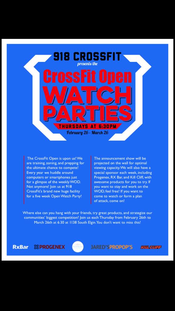 918CrossFit's tweet photo. We are excited for The Open!! Get registered and make plans to join us for our sponsored watch parties! #918nation http://t.co/aEbIggFo3O