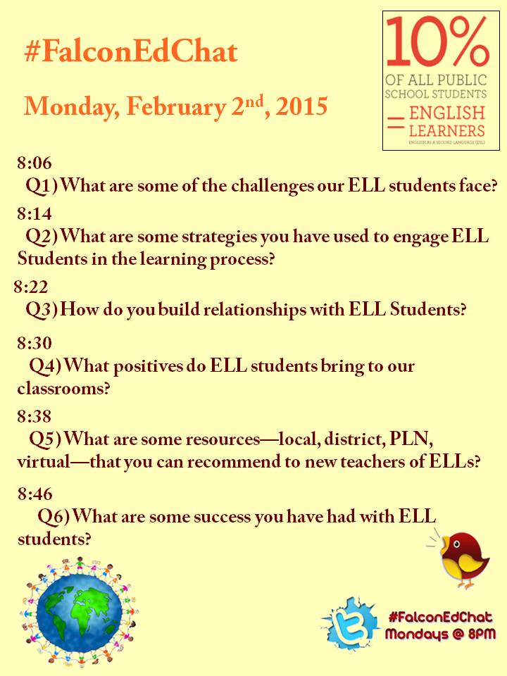 saldanact's tweet photo. Don't Forget! #FalconEdChat 8PM CST Topic: #EngagingELLs #SeeYouThere #WWDHSTW http://t.co/EqcvD2wg37