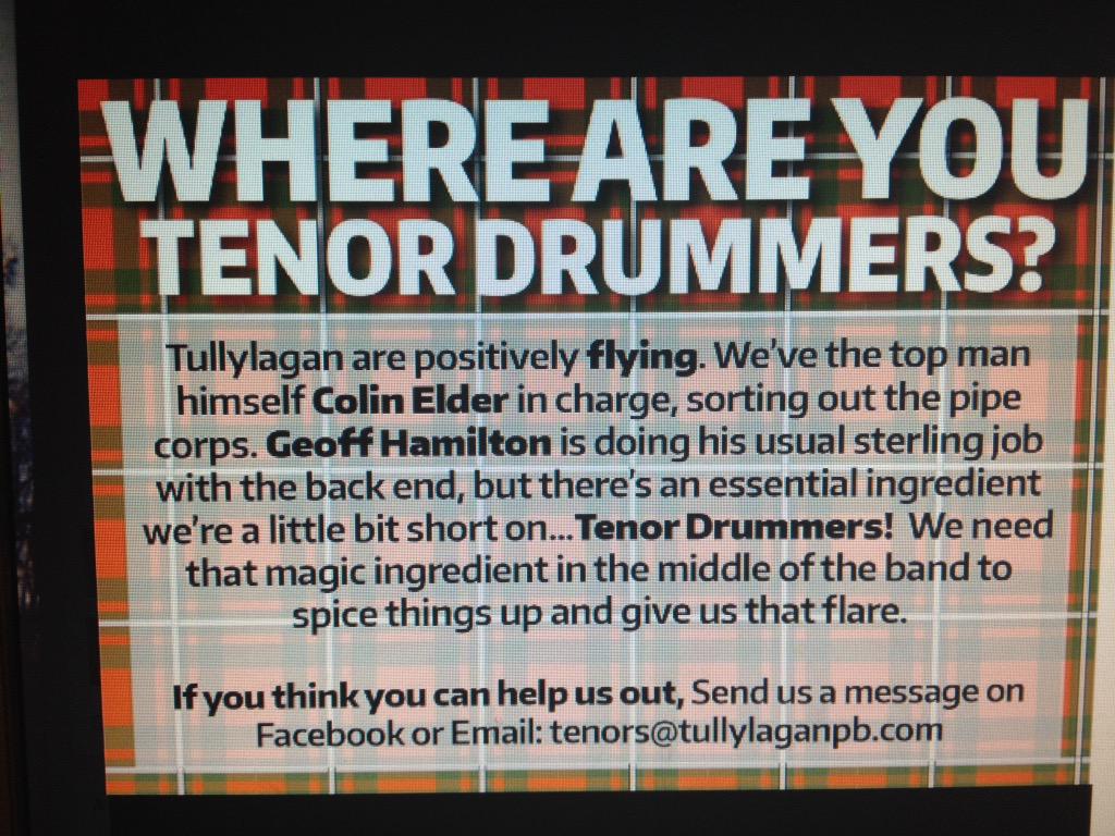 tullylaganpb's tweet photo. Can you help us out? #WhereAreYouTenorDrummers? http://t.co/yWEE7F9y9N