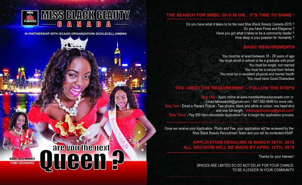MBBCanada's tweet image. Do you have what it takes to be the next Miss BlackBeauty Canada? 
The search for MBBC 2015 is on.It's time to shine!