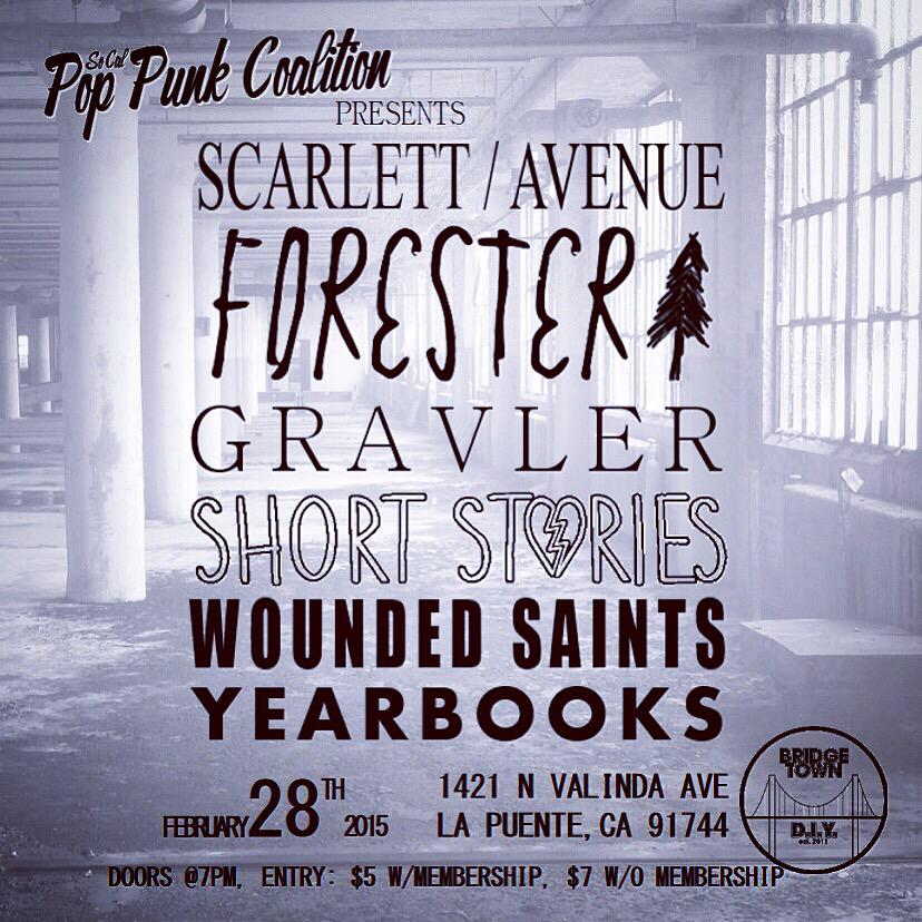 SoCalPPC's tweet photo. #PopPunk show Feb 28th with @ScarlettAveCA @forester925 @GRAVLERCA @ShortStoriesSD @woundedsaints at @BridgetownDIY http://t.co/99XIRJZFJ0