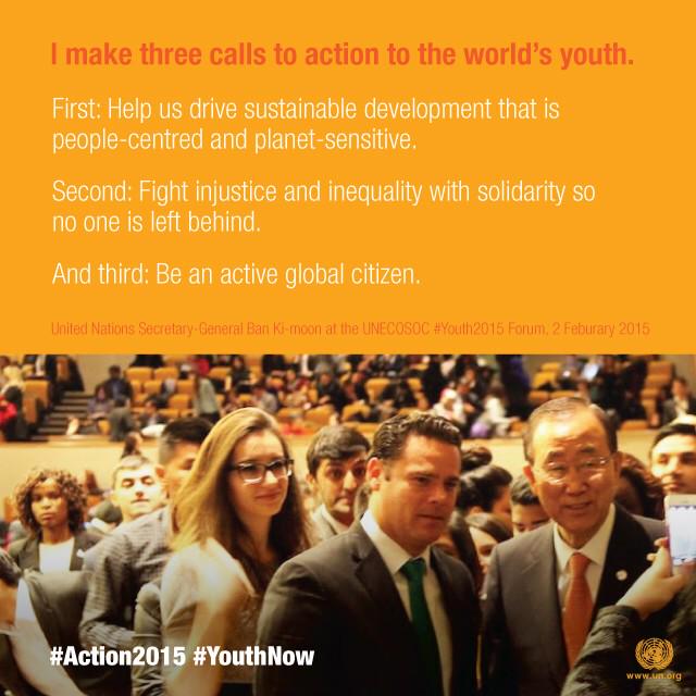 UN's tweet photo. "2015 is a chance to change history," Ban Ki-moon tells #Youth2015 Forum http://t.co/46jd9Q4Zid #Action2015 http://t.co/ZD5w81oPjf