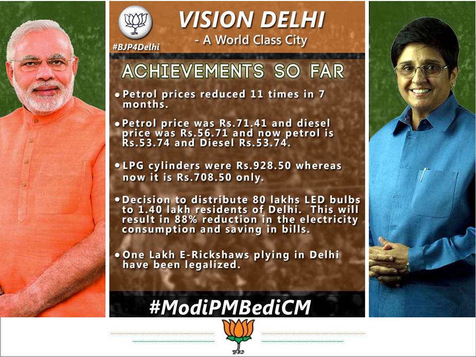 #ModiBediVision: Achievements so far: One Lakh E-Rickshaws plying in Delhi have been legalized. #ModiPMBediCM