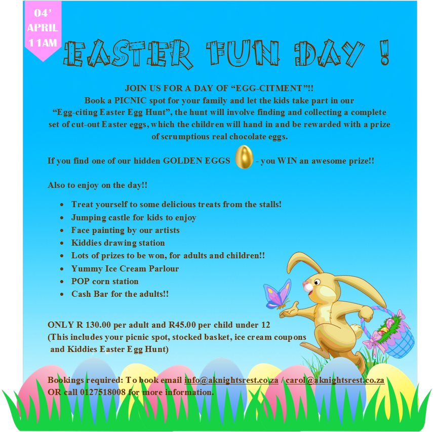 KnightsSA's tweet image. Easter is fast approaching, and whats more fun than having a family day and Easter egg hunt for the kids.. book now!