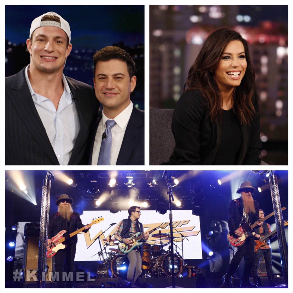 ABC30's tweet photo. Next on #Kimmel, @RobGronkowski #SuperBowlChamps, @EvaLongoria, @Weezer @ZZTop #WeeZTop #MashUpMondays &amp; #MeanTweets http://t.co/dDhmardodN