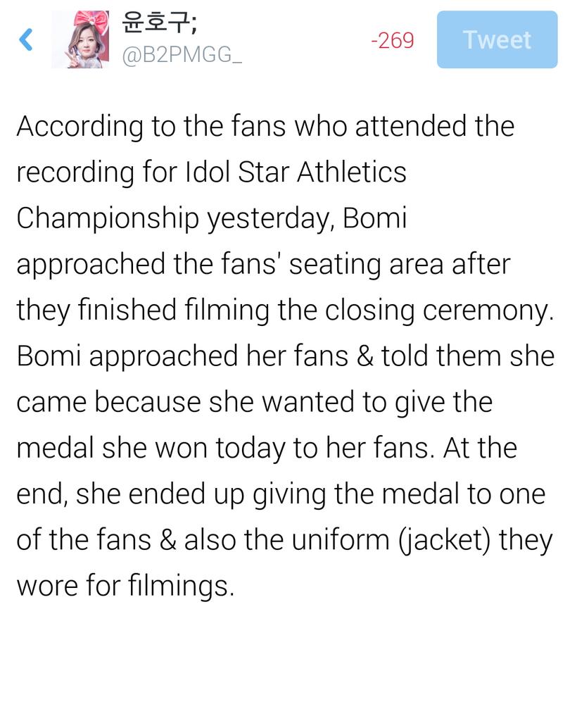 B2PMGG_'s tweet photo. [TRANS] Heartwarming fanaccount of Bomi from yesterday's filming of Idol Star Athletics Championship. #윤보미 #에이핑크 http://t.co/WdWQX7QQQR