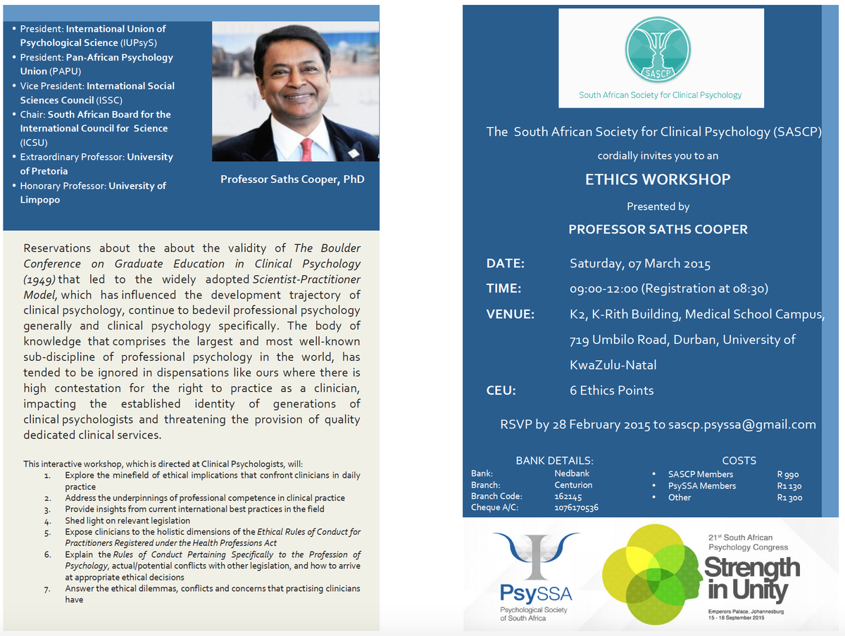 sascp_psyssa's tweet photo. SASCP invites you to an ETHICS WORKSHOP, presented by Prof Saths Cooper - (e) sascp.psyssa@gmail.com #sascp_psyssa http://t.co/pBgctIf5dS