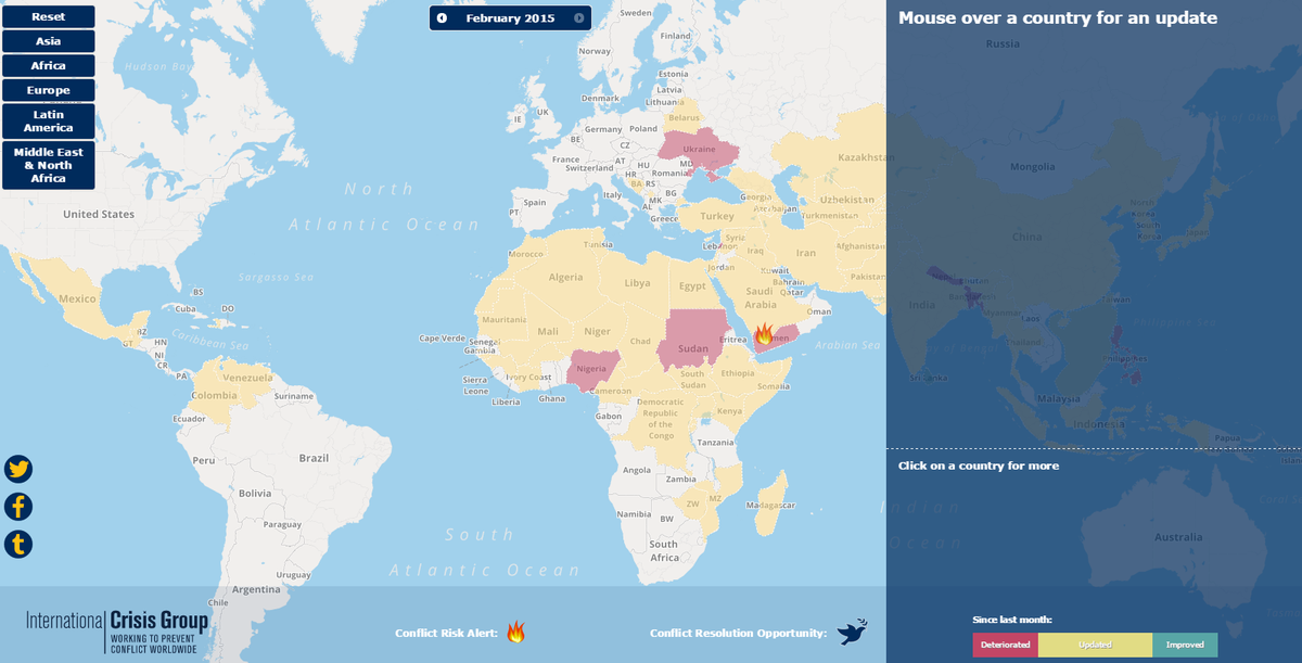 CrisisGroup's tweet photo. Use our map to get an update on the conflict situations in over 70 countries http://t.co/qybyDzbIX7 #CrisisWatch http://t.co/7DQXCjr2Tv