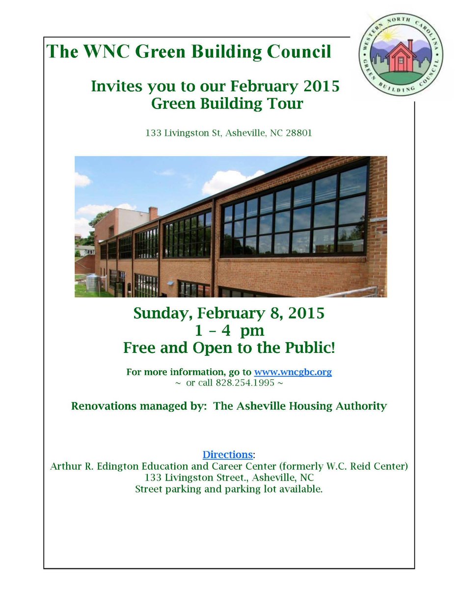 Join us Sun for the @WNCGBC monthly green building tour. Newly renovated Edington Center, 133 Livingston St, 1-4pm.
