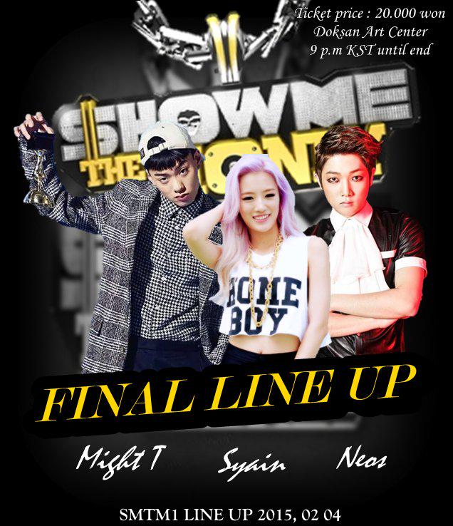 DoksanTV's tweet photo. [Show me the money 1 (SMTM1) final line up! #MightT (@sanghun_dc) #Syain (@Sooya_dc) #Neos (@Jaehoon_dc)] http://t.co/pzmhST2SMl