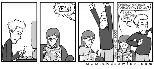 DrSaraSmith's tweet photo. Been here an hour, finished a paragraph #writinggod credit to @phdcomics for hilariously depicting my life http://t.co/zIFtZVmcPK