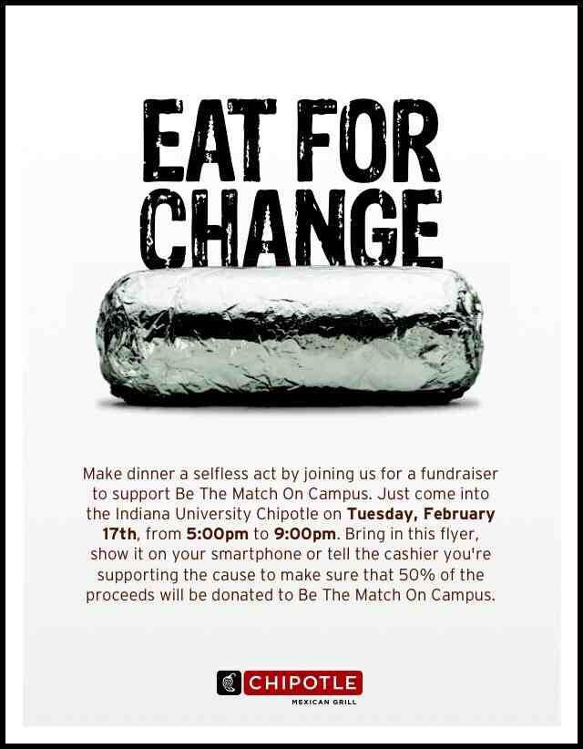 IUBeTheMatch's tweet photo. Come out to chipotle on Feb 17th from 5-9pm and support Be The Match on Campus!! Show this coupon! http://t.co/UF2PlMQNFW