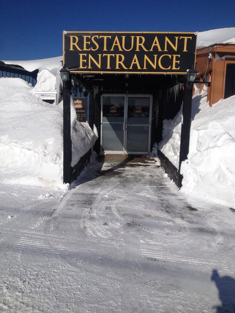 3milesteak's tweet photo. The snow is up to the windows but we're shoveled out.. Fully plowed and OPEN for business. Lasagna is today's special http://t.co/xyPNtBijaY