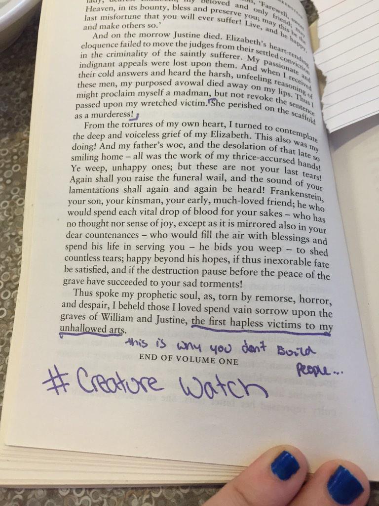 ShaylalaRose's tweet photo. Reading and annotating Frankenstein for class and I'm having @PemberleyDig @VFrankMD flashbacks.... #creaturewatch http://t.co/EHJ8riJcIz